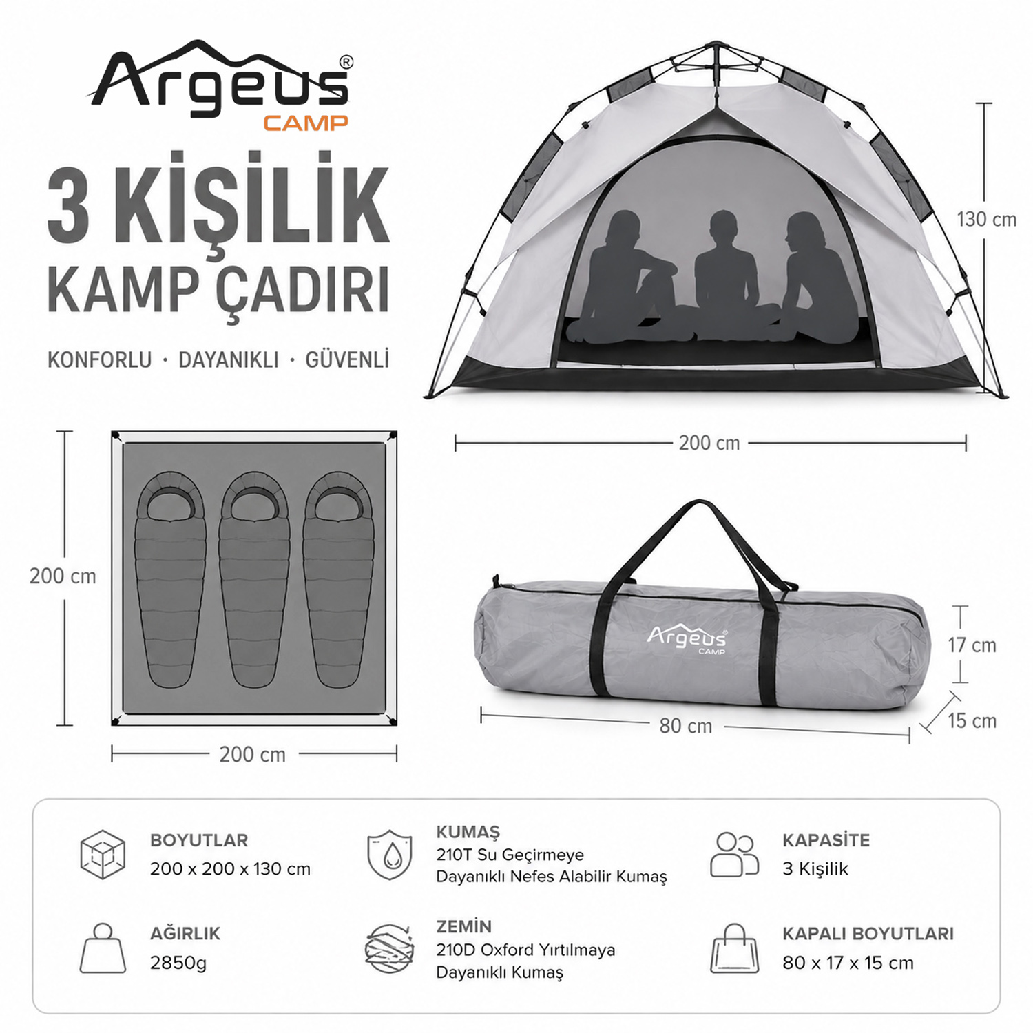 3 Kişilik Otomatik Kurulum Kamp Çadırı Seti - Çadır, Sandalye, Uyku Tulumu, Mat