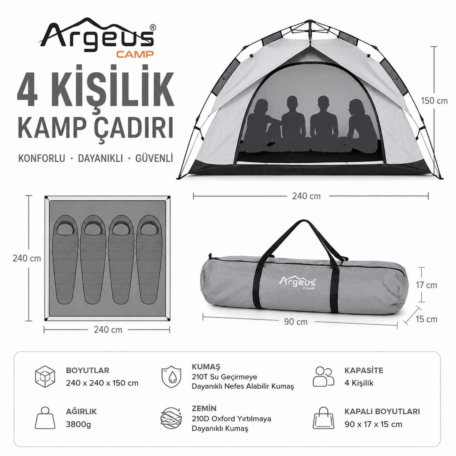 4 Kişilik Otomatik Kurulum Kamp Çadırı Seti - Çadır, Sandalye, Uyku Tulumu, Mat