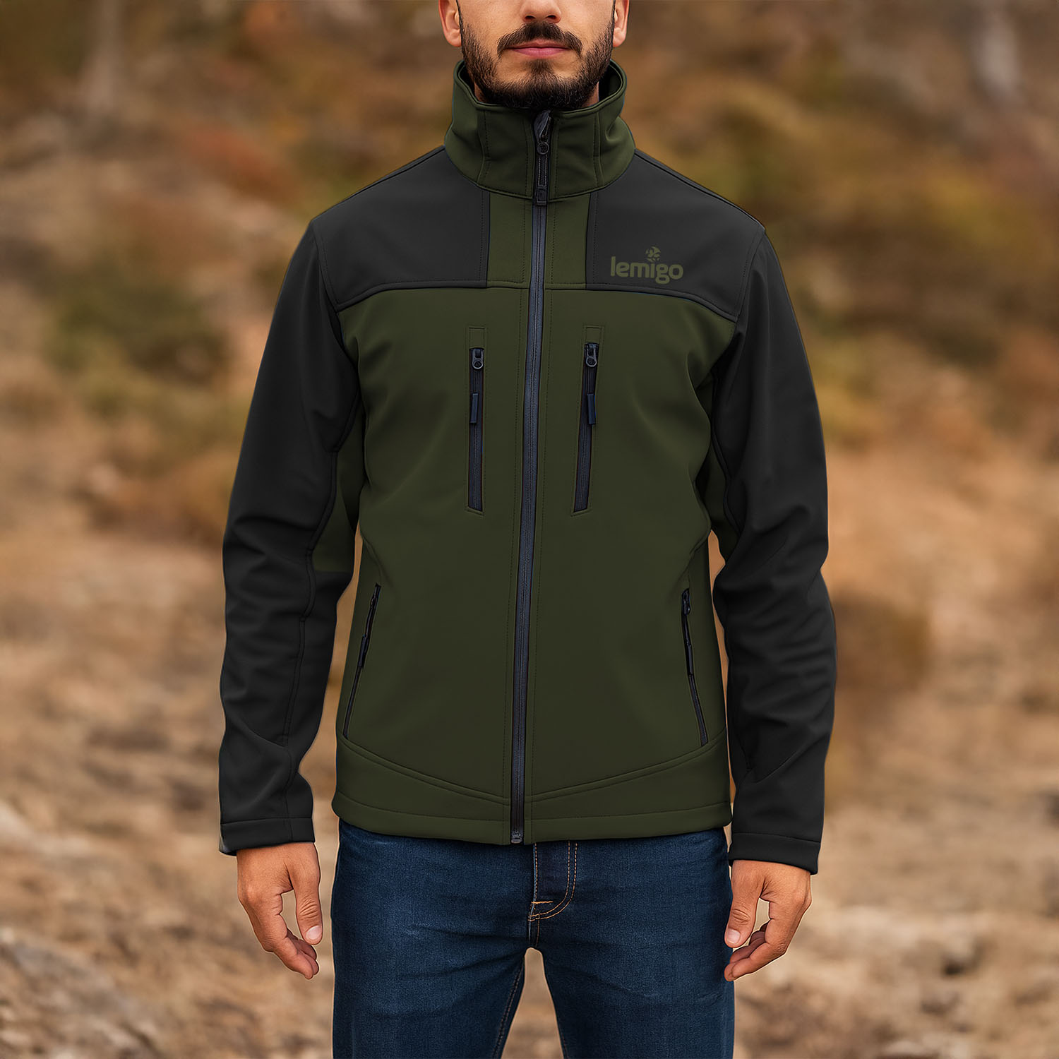 Su ve Rüzgar Geçirmez Softshell Mont - Lemigo - Haki-Siyah