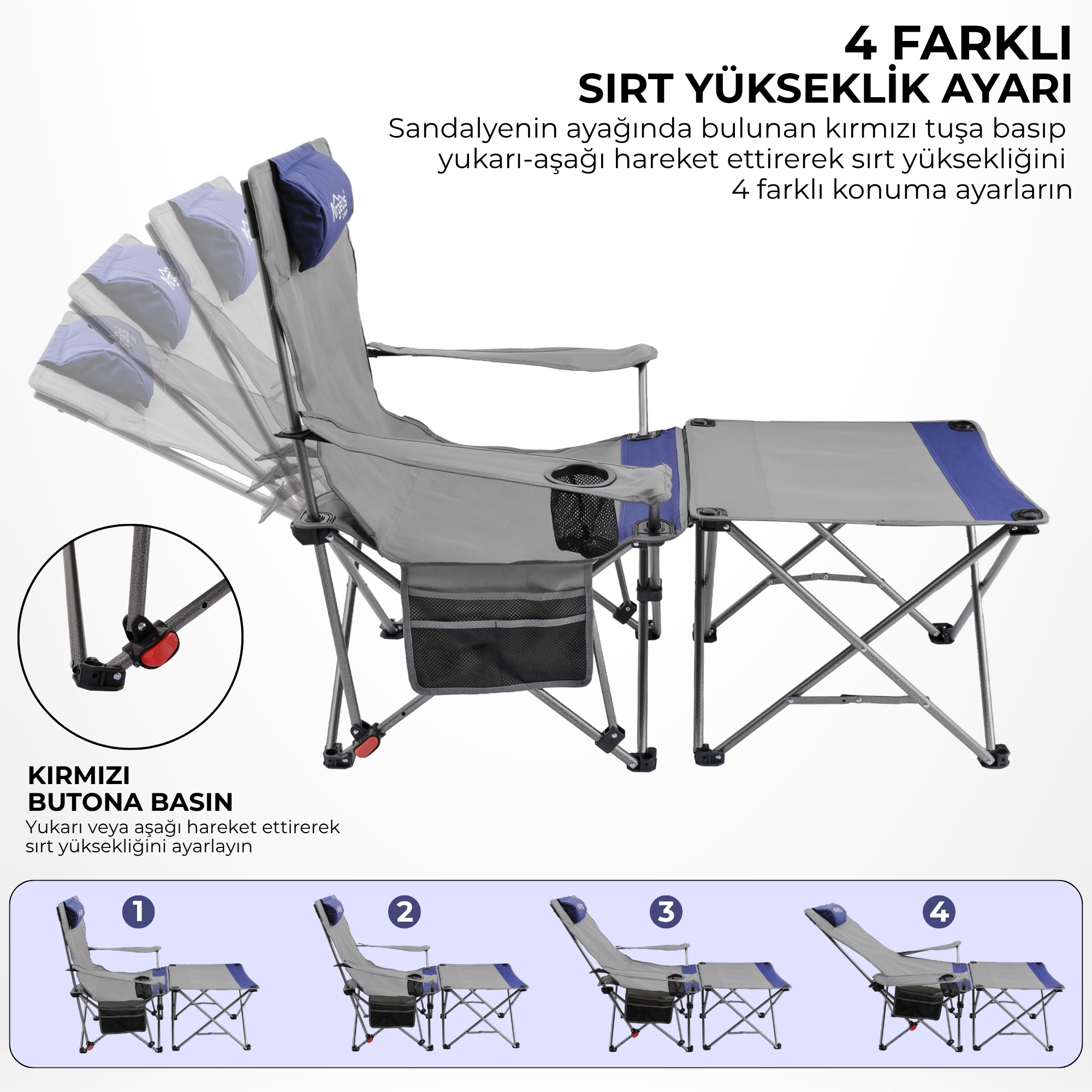 Sırt Ayarlı Katlanabilir Kamp Sandalyesi - 4 Kademeli - Lounge - Gri/Mavi