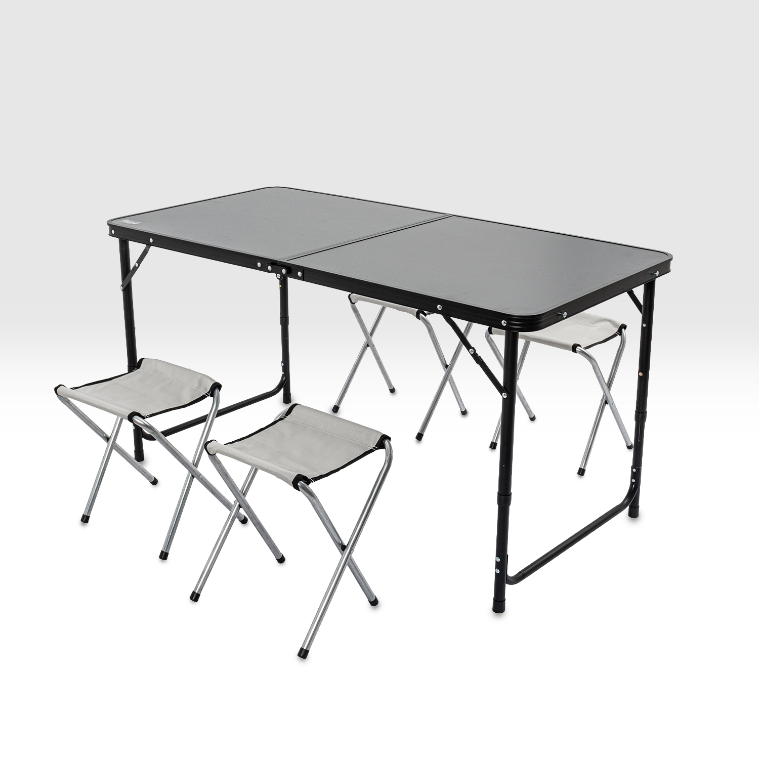 Katlanabilir Kamp Masası Seti - 4/6 Kişilik - 4 Tabureli - Elevate Plus - Siyah