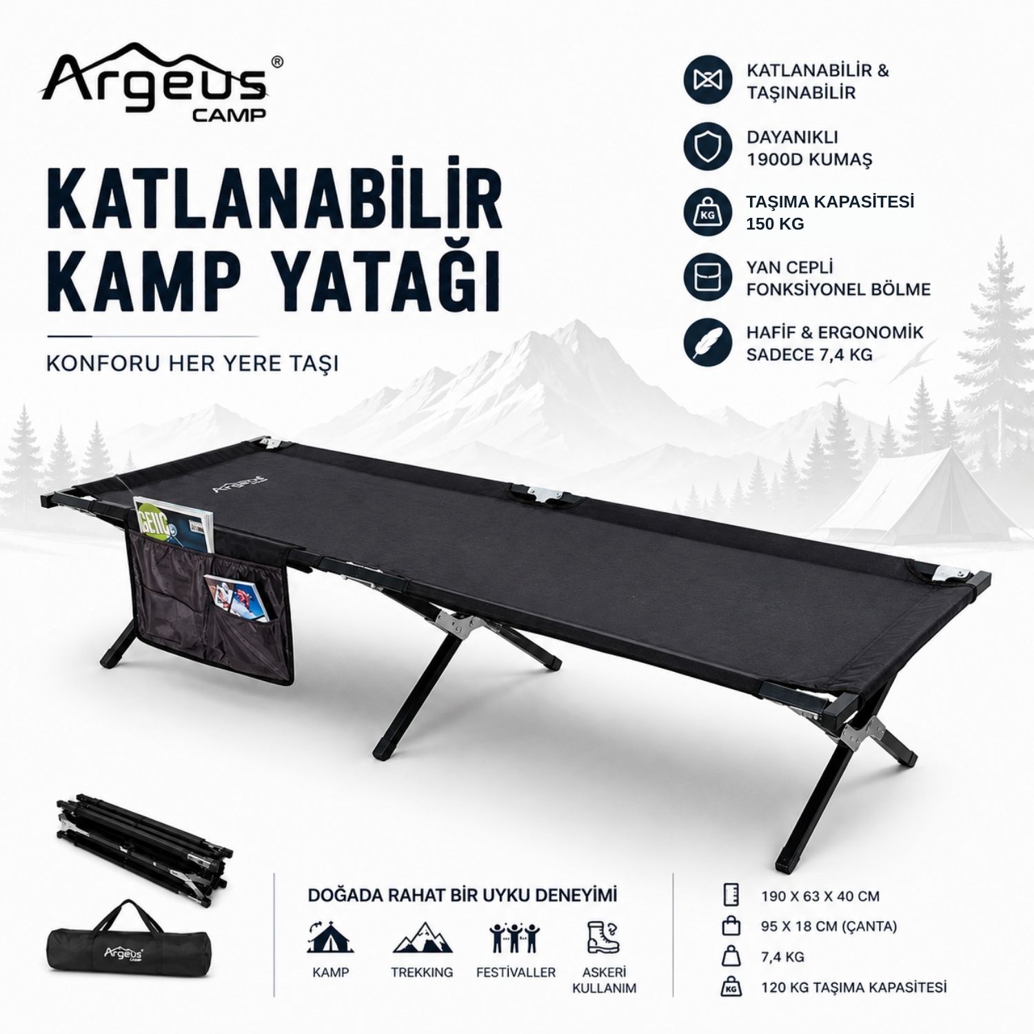 Katlanır Kamp Yatağı Kampet - Taşıma Çantalı - 150KG Taşıma - Siyah
