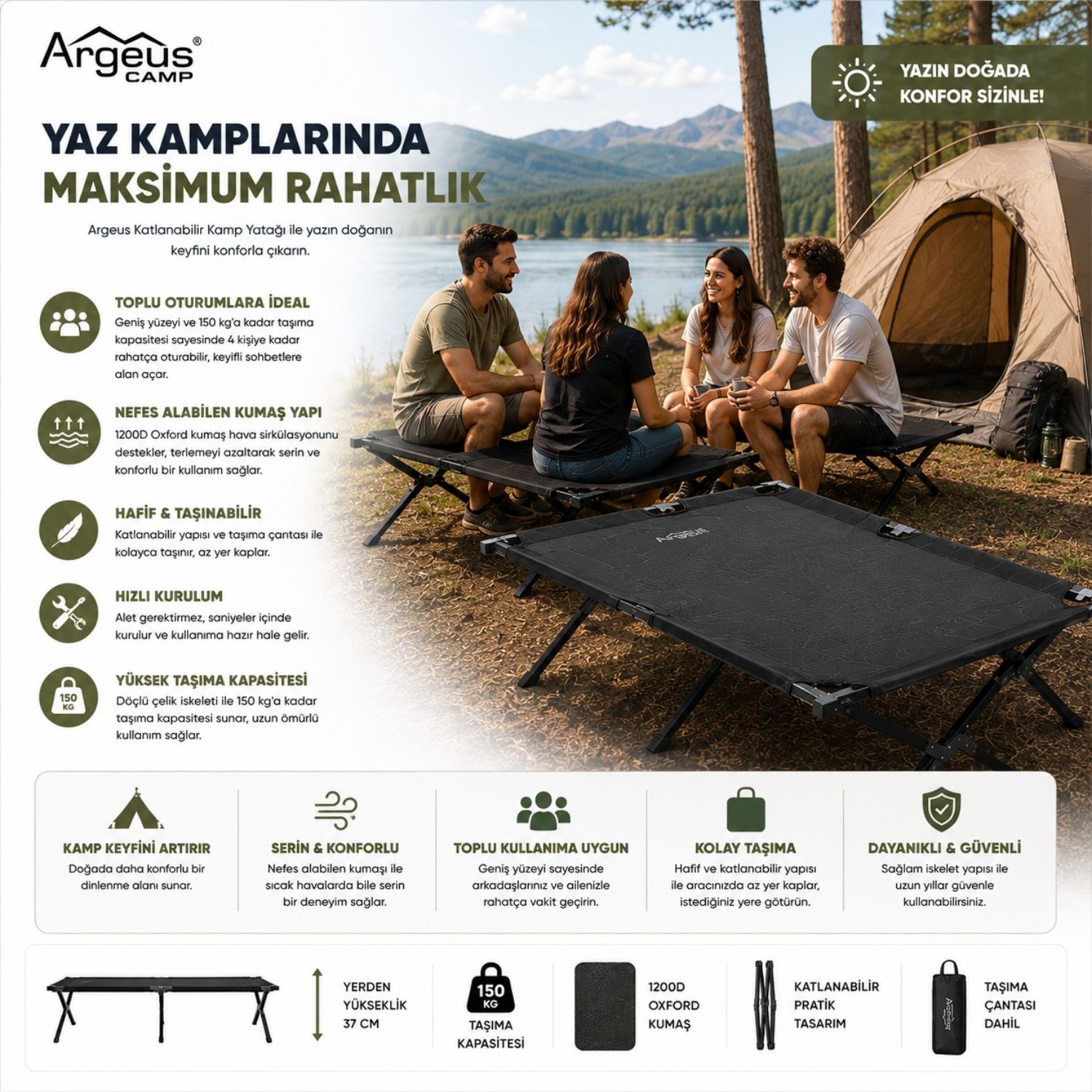 Katlanır Kamp Yatağı Kampet - Taşıma Çantalı - 150KG Taşıma - Siyah