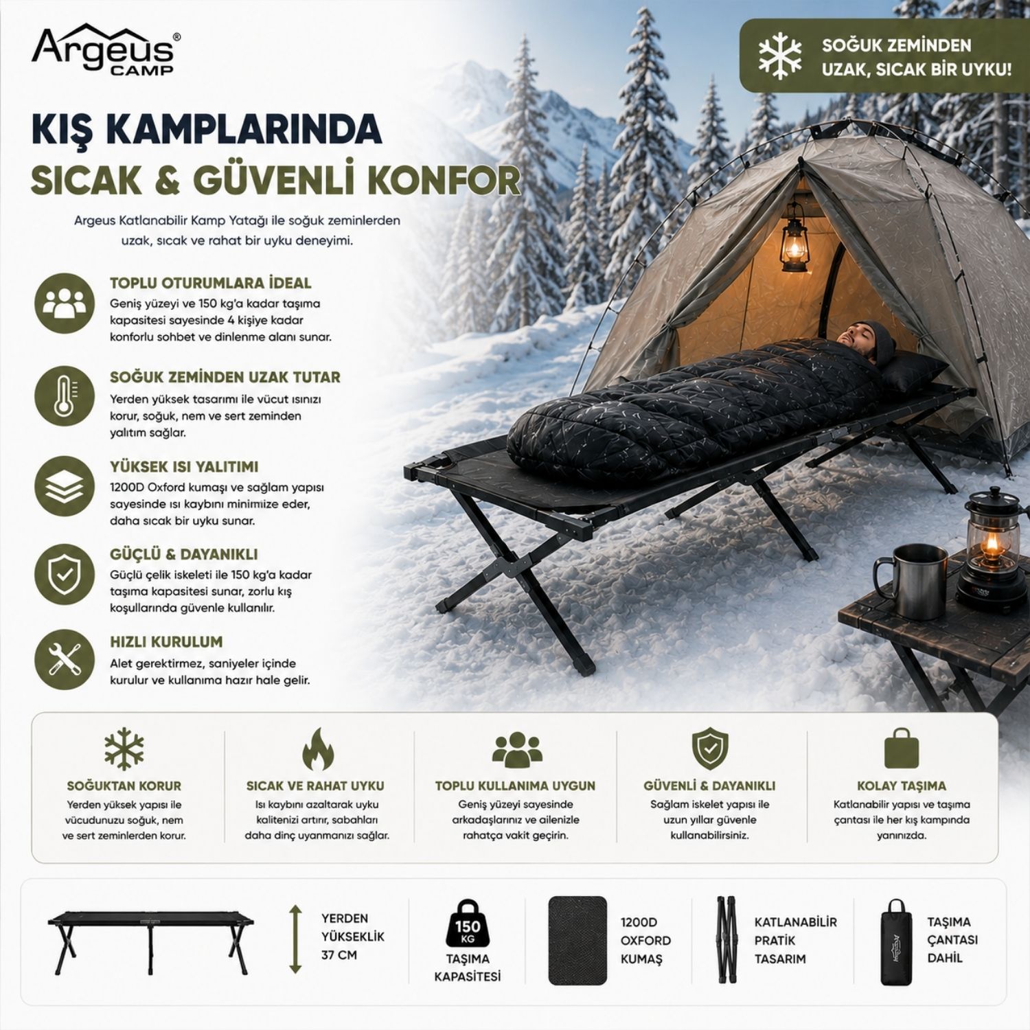Katlanır Kamp Yatağı Kampet - Taşıma Çantalı - 150KG Taşıma - Siyah