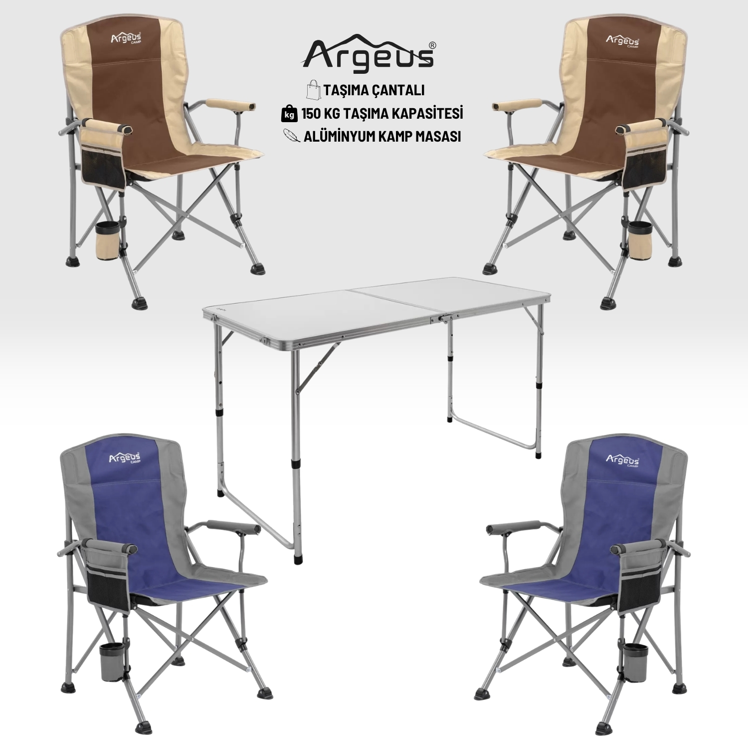 4 Adet Katlanır Kamp Sandalyesi ve Alüminyum Masa Seti - Rustic - Elevate Beyaz