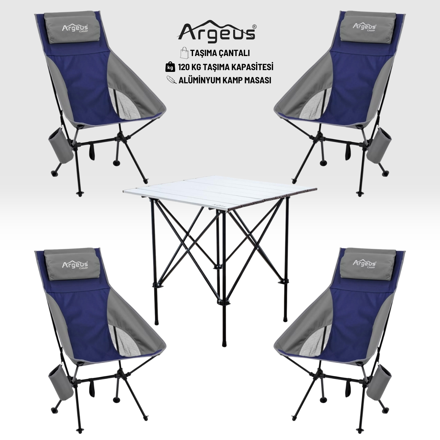 4 Adet Katlanır Kamp Sandalyesi ve Alüminyum Masa Seti - Aero Silver - Mavi