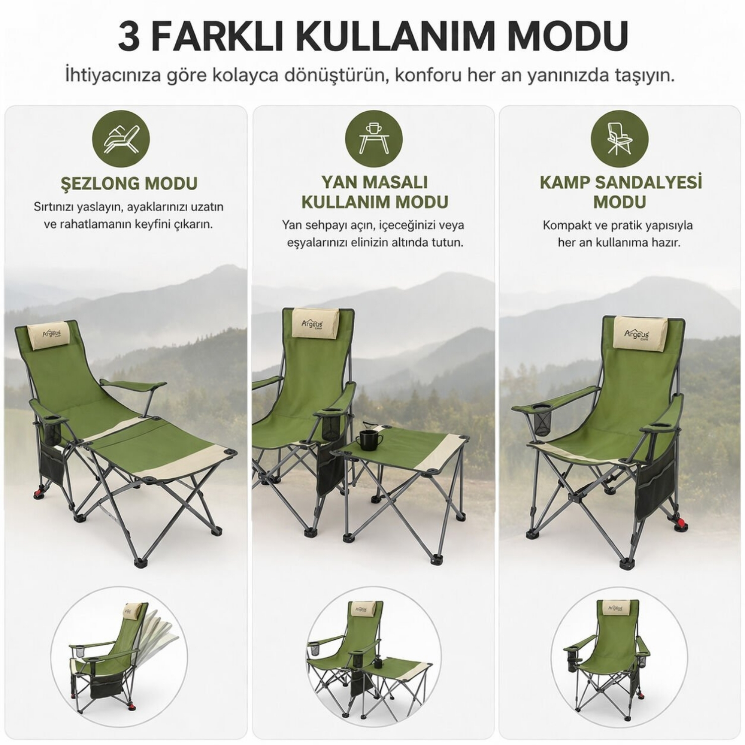 2 Adet Şezlong Kamp Sandalyesi ve Masa Seti - Plaj Seti - Lounge Elevate