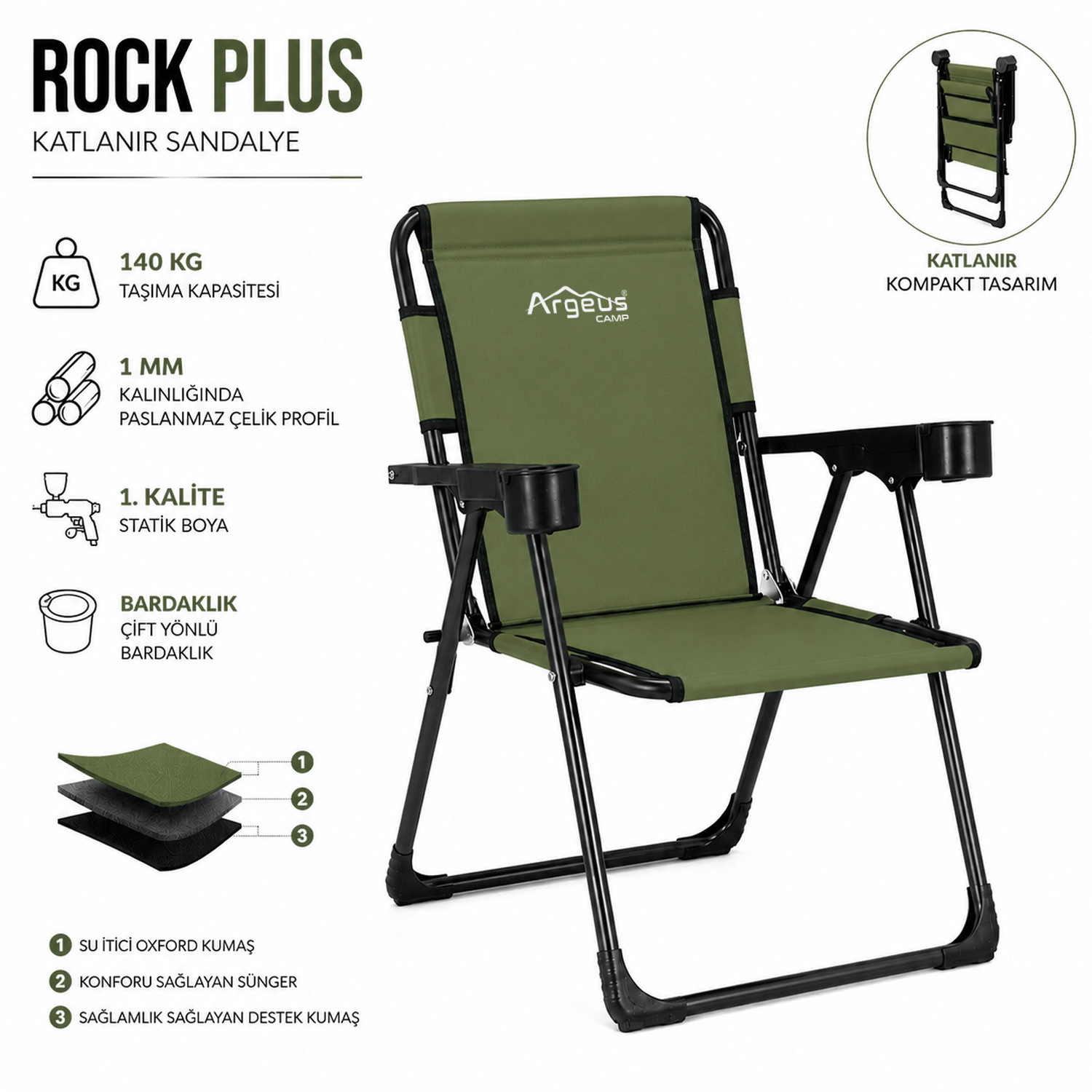 Katlanır Piknik ve Kamp Sandalyesi - Bardaklıklı - Rock Plus - Haki