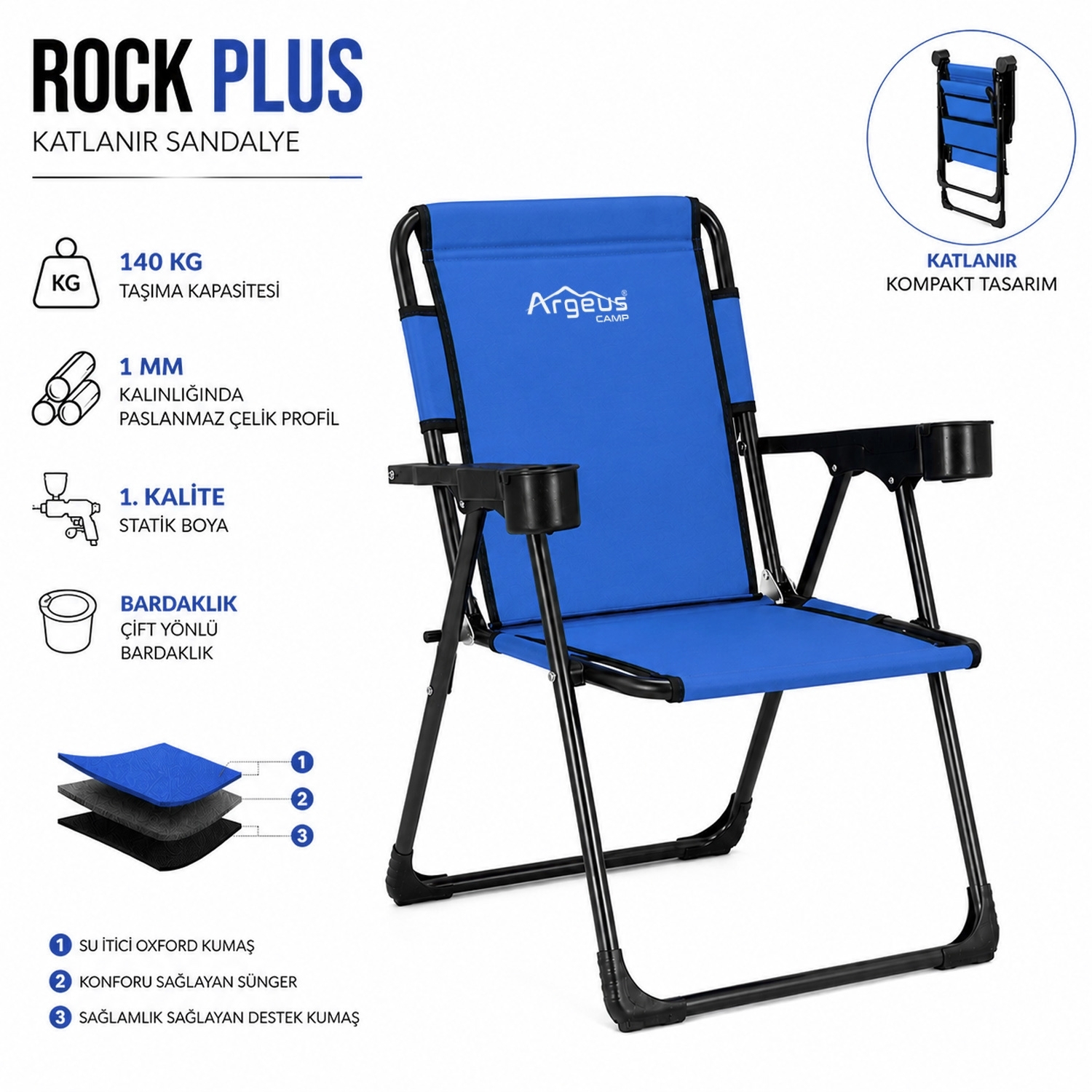 4 Adet Katlanır Kamp Sandalyesi ve Ahşap Masa Seti - Rock Plus - Mavi