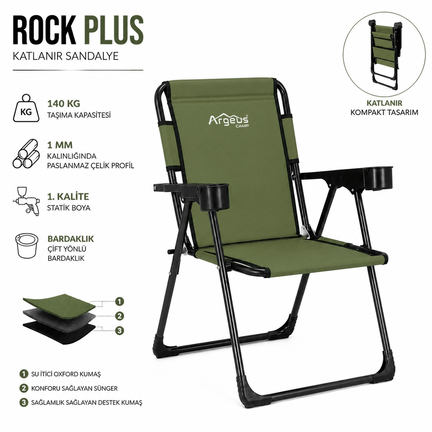 4 Adet Katlanır Kamp Sandalyesi Seti - Rock Plus - Haki