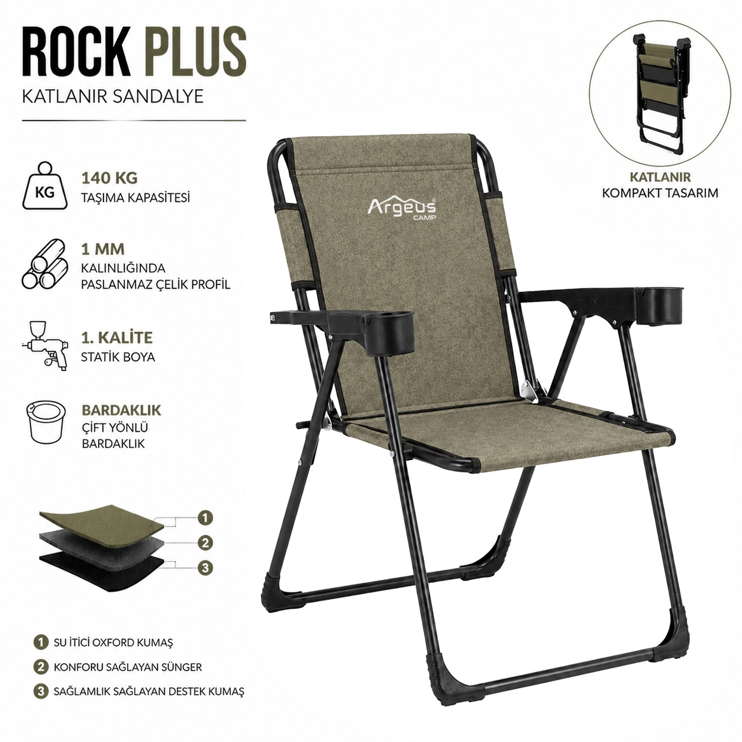 4 Adet Katlanır Kamp Sandalyesi Seti - Rock Plus - Gusto Haki