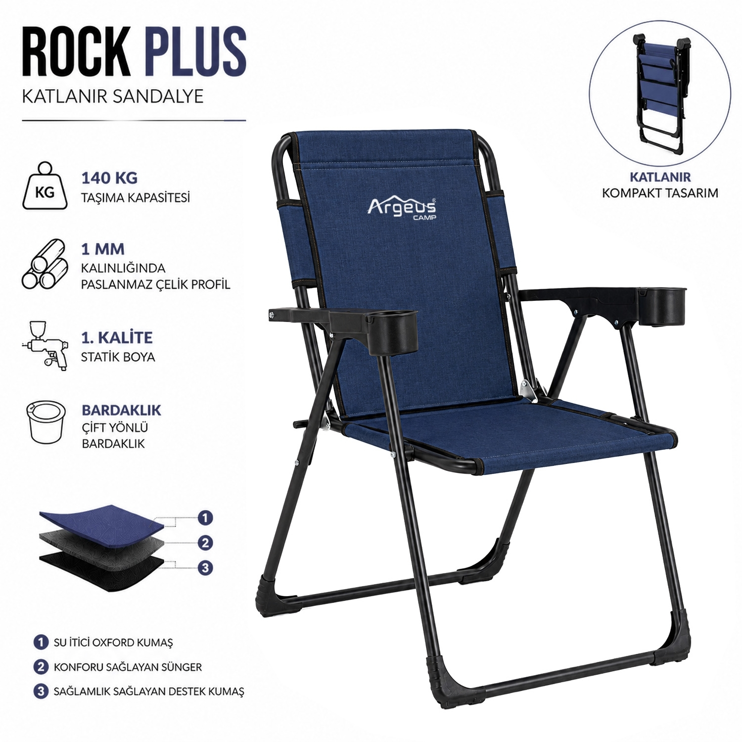 2 Adet Katlanır Kamp Sandalyesi Seti - Rock Plus - Linen Lacivert