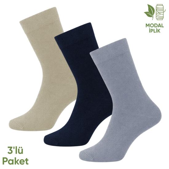 Modal İplik Erkek Soket Çorap - 3 Çift - Dikişsiz - Atlas - 18002 - Set 1