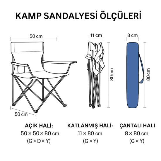 2 Adet Katlanır Kamp Sandalyesi - Piknik Plaj Sandalyesi - (DY.001) - Lacivert