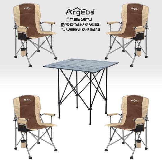 4 Adet Katlanır Kamp Sandalyesi ve Alüminyum Masa Seti - Rustic Dark - Kum