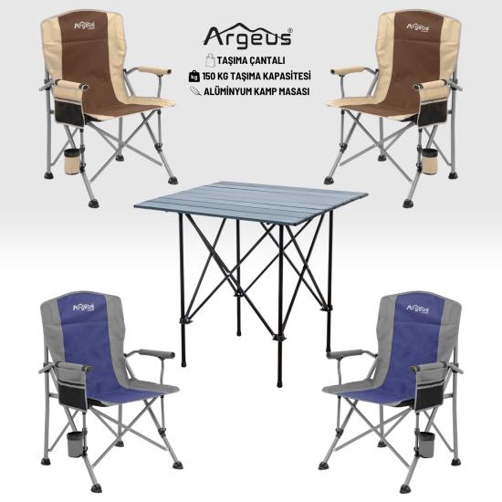 4 Adet Katlanır Kamp Sandalyesi ve Alüminyum Masa Seti - Rustic Dark - Kum/Mavi