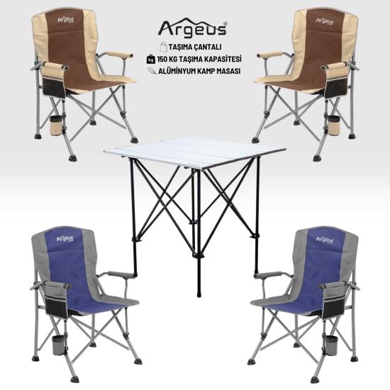 4 Adet Katlanır Kamp Sandalyesi ve Alüminyum Masa Seti - Rustic Silver -Kum/Mavi