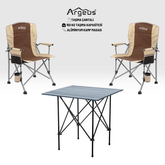 2 Adet Katlanır Kamp Sandalyesi ve Alüminyum Masa Seti - Rustic Dark - Kum