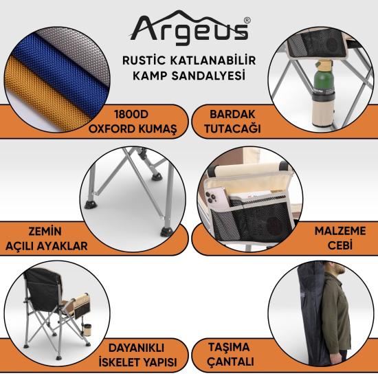 2 Adet Katlanır Kamp Sandalyesi ve Alüminyum Masa Seti - Rustic Dark - Kum