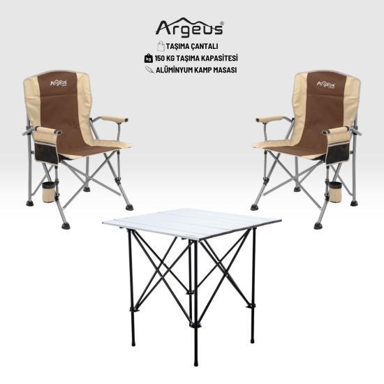 2 Adet Katlanır Kamp Sandalyesi ve Alüminyum Masa Seti - Rustic Silver - Kum