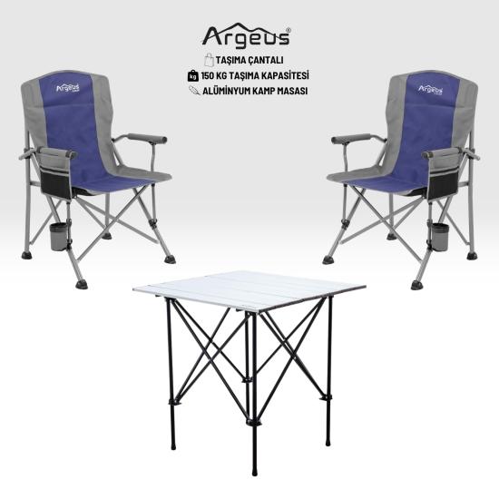 2 Adet Katlanır Kamp Sandalyesi ve Alüminyum Masa Seti - Rustic Silver - Mavi