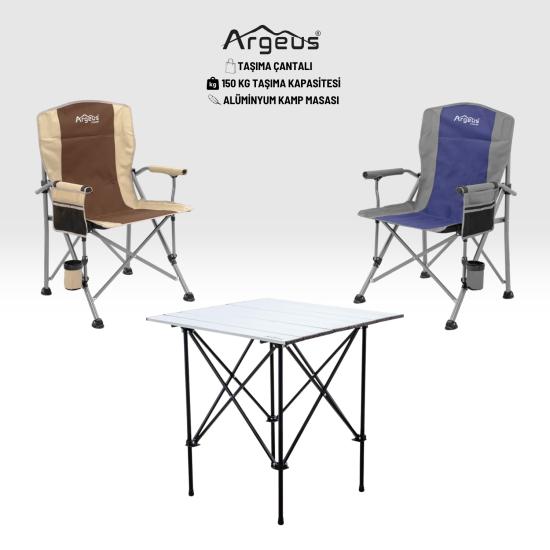 2 Adet Katlanır Kamp Sandalyesi ve Alüminyum Masa Seti - Rustic Silver -Kum/Mavi