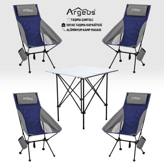 4 Adet Katlanır Kamp Sandalyesi ve Alüminyum Masa Seti - Aero Silver - Mavi
