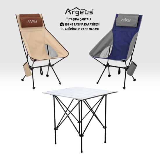2 Adet Katlanır Kamp Sandalyesi ve Alüminyum Masa Seti - Aero Silver - Kum/Mavi