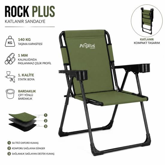 Katlanır Piknik ve Kamp Sandalyesi - Bardaklıklı - Rock Plus - Haki
