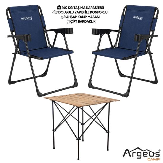 2 Adet Katlanır Kamp Sandalyesi ve Ahşap Masa Seti - Rock Plus - Linen Lacivert