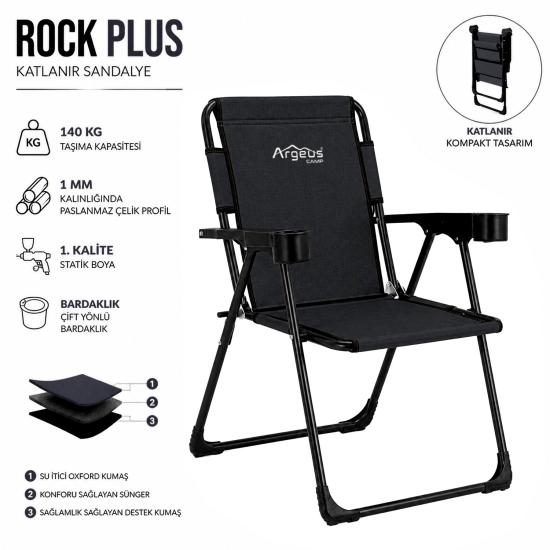 Katlanır Piknik ve Kamp Sandalyesi - Bardaklıklı - Rock Plus - Linen Siyah