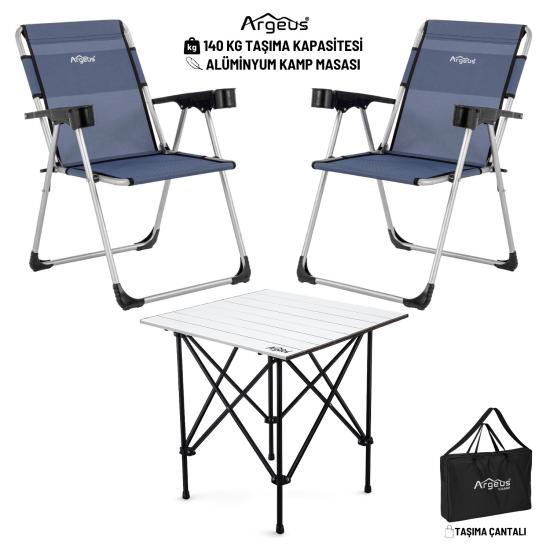 2 Adet Katlanır Kamp Sandalyesi ve Alüminyum Masa Seti - Rock Silver - Safir