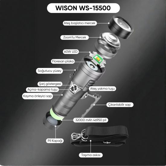 Şarj Edilebilir El Feneri - Wison - 13000 Lümen - 130 Watt (WS-15500)