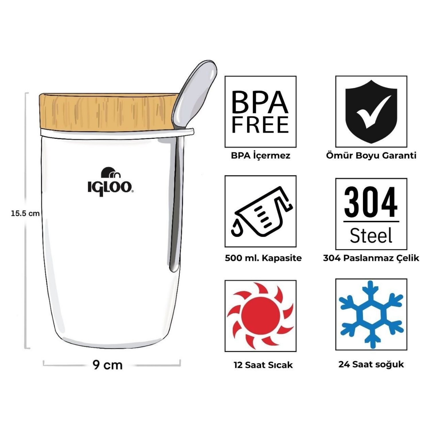 Çelik Yemek Termos - Igloo - Bamboo - 500 ml - Beyaz - 205789