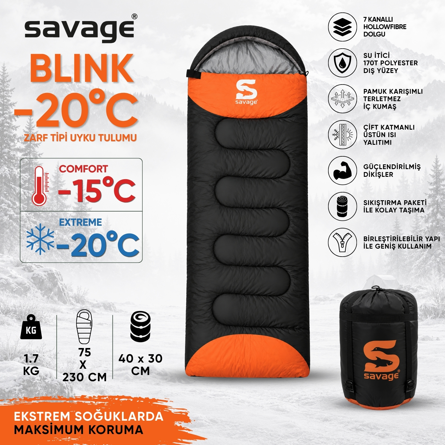 Kamp Uyku Tulumu - Blink - Portakal - Extreme -20C° - Savage YS-509