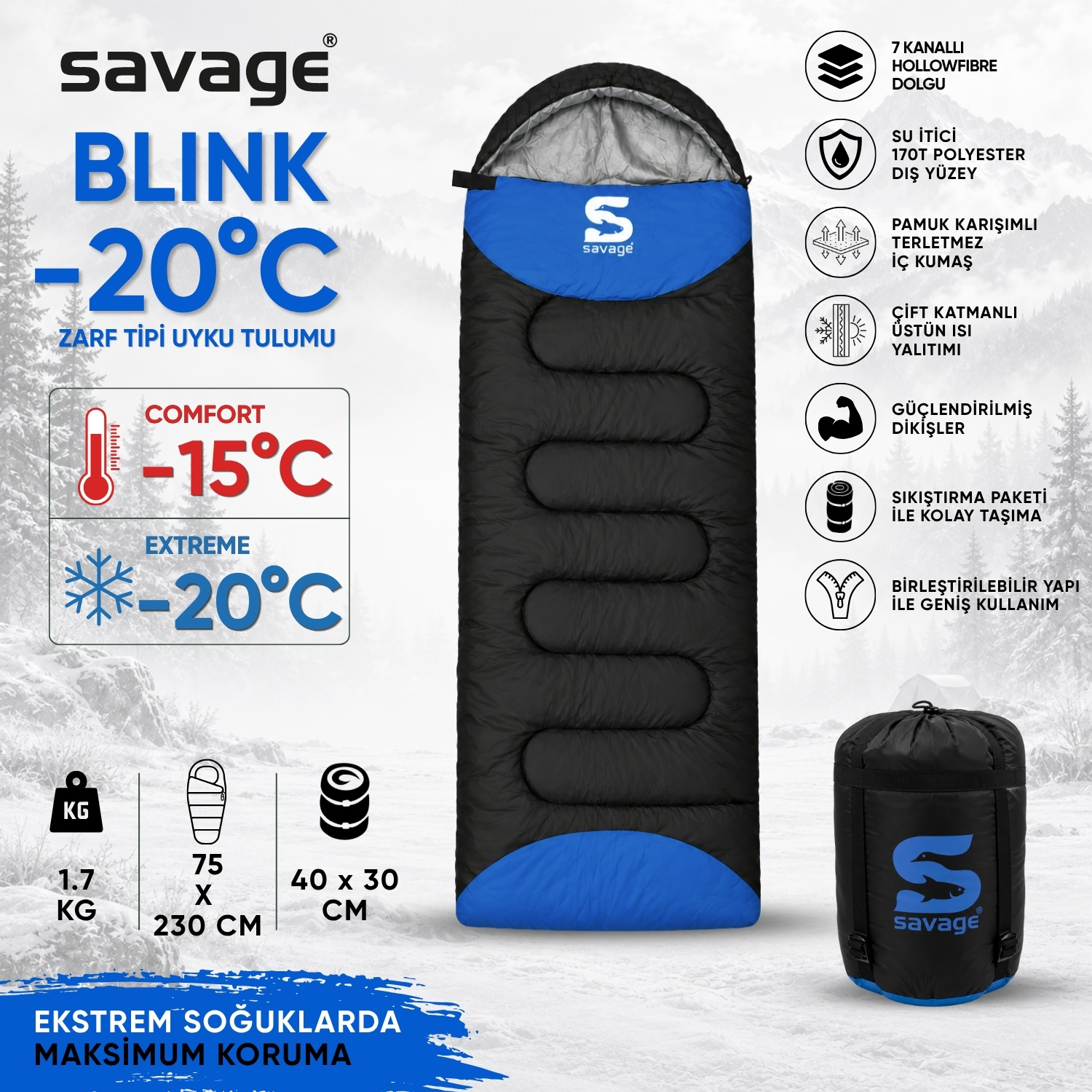 Kamp Uyku Tulumu - Blink - Mavi - Extreme -20C° - Savage YS-509